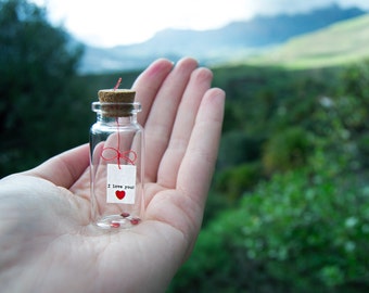 I love you. Tiny message in a bottle. Miniatures. Personalised Gift. Funny Love Card. Valentine Card. Special greeting card.
