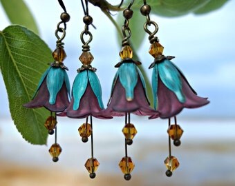 Boho Earrings - Flower Earrings - Bohemian Earrings - Floral Earrings - Purple Earrings - Turquoise Earrings - Dangle Drop Earrings Vintage.