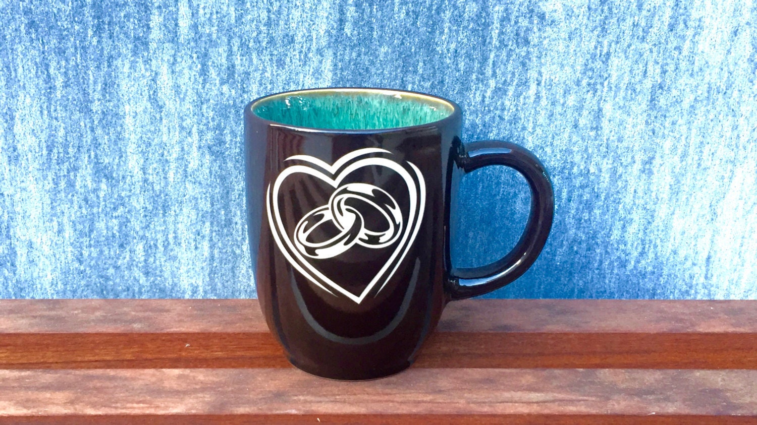 Lovely Heart and Rings Coffee Mug, Professionally Sand Carved from the Heart