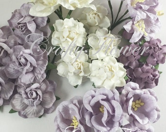 30 Mixed Lilac White Lily Roses Paper Flowers Scrapbooks DIY Wedding bouquet Decoration Faux Cupcake Crafts 187/M43