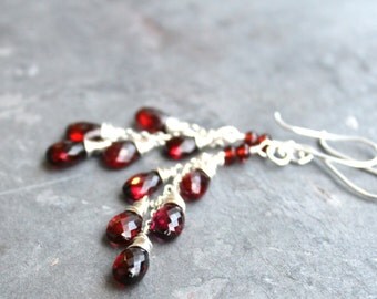 Garnet Earrings Cascade Earrings Romantic Long Dangling Red Gemstone Earrings Sterling Silver Gemstone Jewelry