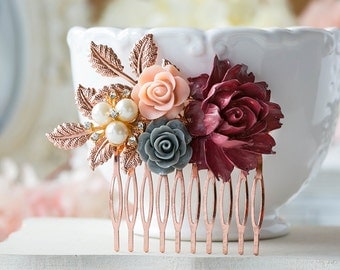Rose Gold Bridal Hair Comb Maroon Burgundy Dark Red Wedding Hair Comb Red Gray Dusty Pink Flower Pearl Rhinestone Fall Autumn Wedding Comb