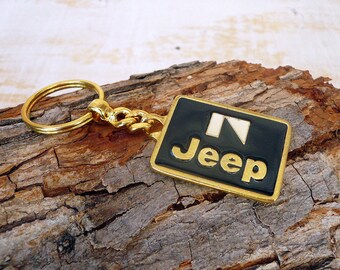 Jeep Keychain Key Ring Metal Bright Colors, Vintage Gold White Blue Jeep Key Chain, Key Ring, Signed On The Back.