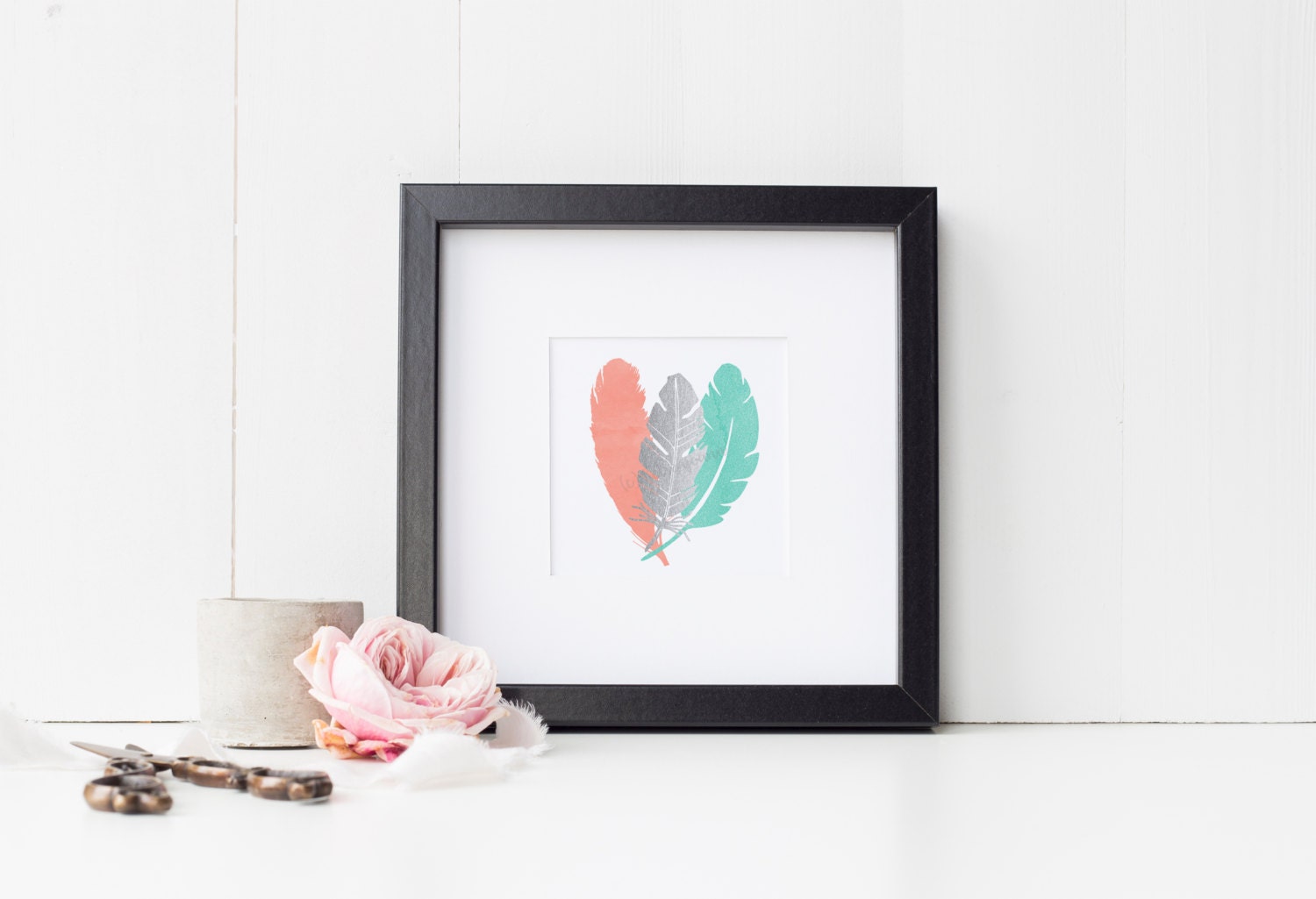 Silver Feather Decor Teal and Coral Aqua and Coral Decor Watercolor Art Minimalist Decor Peach Pastel Art Wedding Gift for her Office Decor