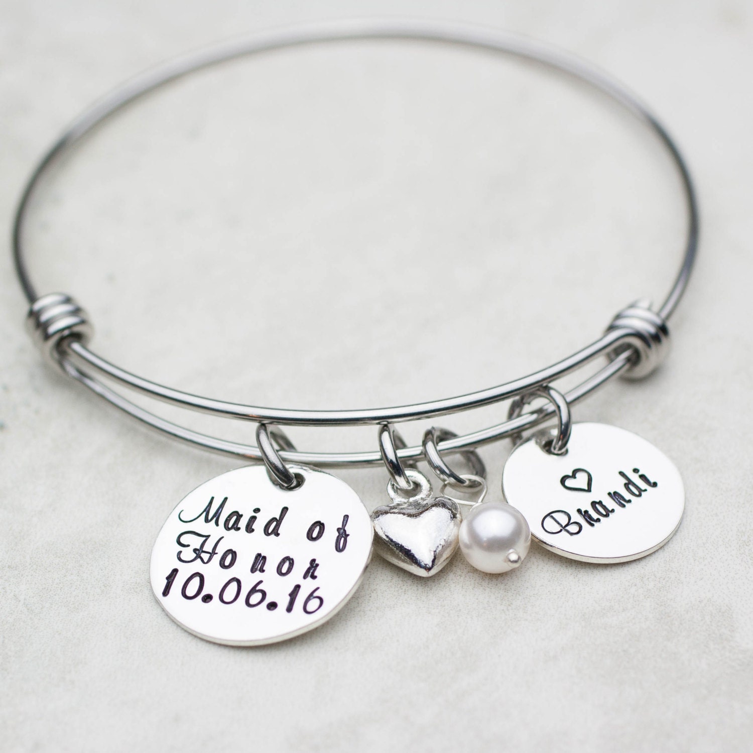 Personalized Wedding Custom Maid of Honor Jewelry, Maid of Honor Gift, Bridesmaids, Hand Stamped Bangle Bracelet, Matron of Honor Gift