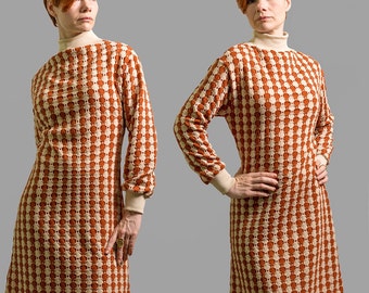 Dress, knitted dress with turtleneck, dress wool, silk, 60s dress, knitt dress beige, terracotta, autumn, winter dress, Made to order,Boho