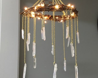 Crystal Mobile- Crystal Point Bohemian Mobile- Quartz Point Crystal Chandelier - Rustic Lighted Chandelier- Bohemian Home Decor- Wedding