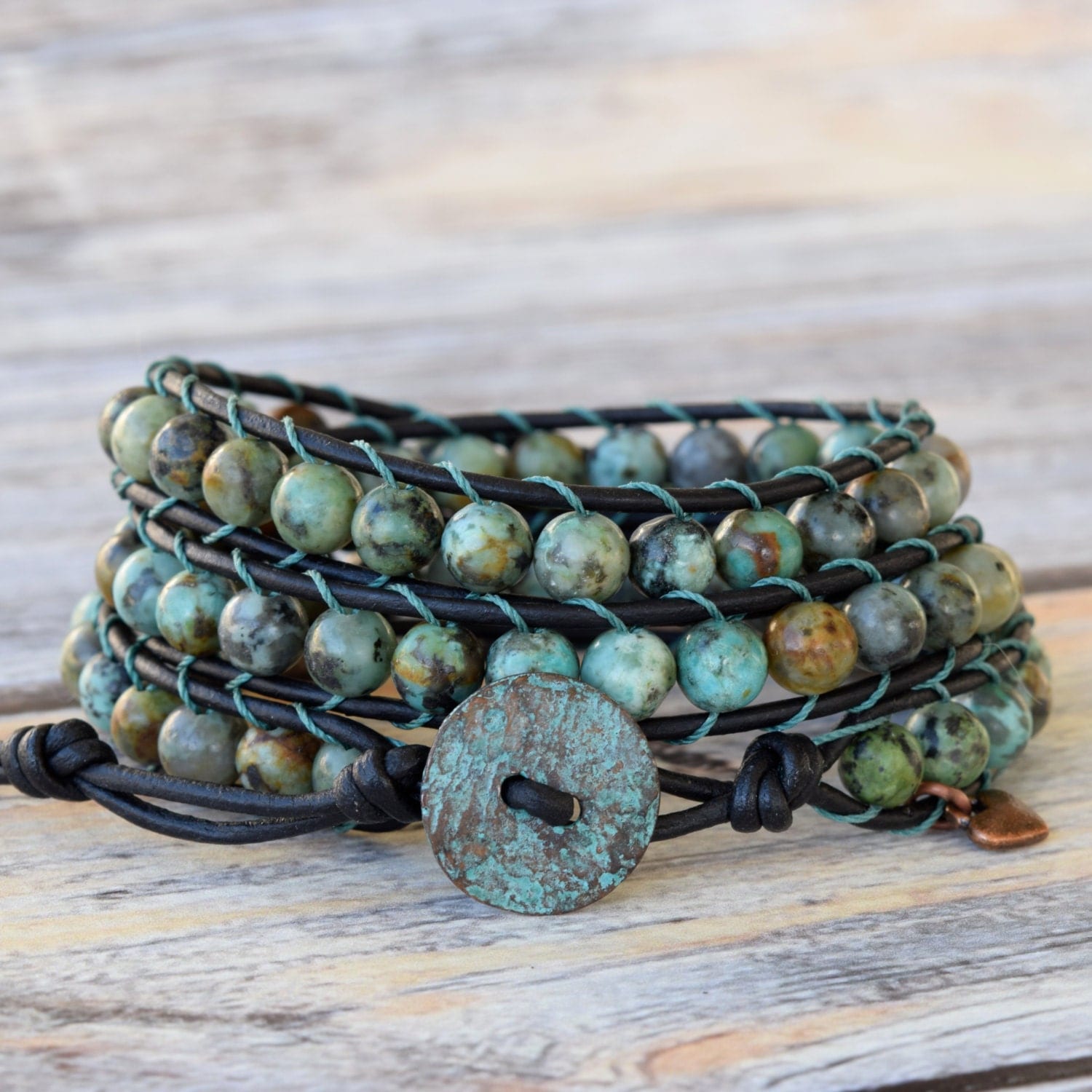 African Turquoise Wrap Bracelet, Wrap Bracelet, Turquoise Bracelet, Rustic Copper Button, Beaded Leather Wrap Bracelet