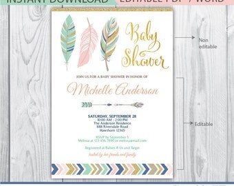 boho baby shower invitation, tribal baby shower invitation, feather baby shower invitation, arrow, navy blue, mint, teal, pink, coral