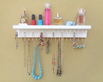 LOTS of OTHER COLORS! - Jewelry Organizer - Necklace Holder - Jewelry Display - With A Shelf - 35 Hooks - Satin White - Hangers Installed