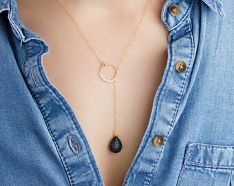 Lariat Lava Diffuser Necklace, Essential Oil Diffuser, Teardrop Lava Bead Necklace, Diffuse Necklace, Aromatherapy Jewelry, Gold