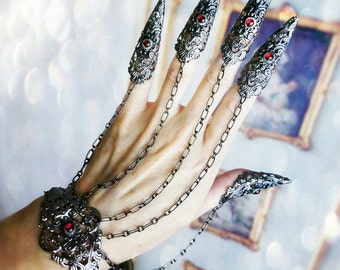 Nail Rings -Gothic Claw Rings Set- Full hand slave bracelet hand jewelry choose your stone colors