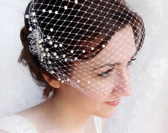 birdcage veil with pearls, wedding bandeau veil, small birdcage veil, wedding veil - OCEAN MIST - white ivory beige hair accessory