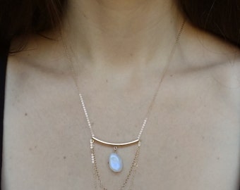 Gold Moonstone Necklace - Gold Layered Necklace - Boho Jewelry - Rainbow Moonstone Gold Chain Waterfall Necklace - Gold Bar Bohemian Jewelry