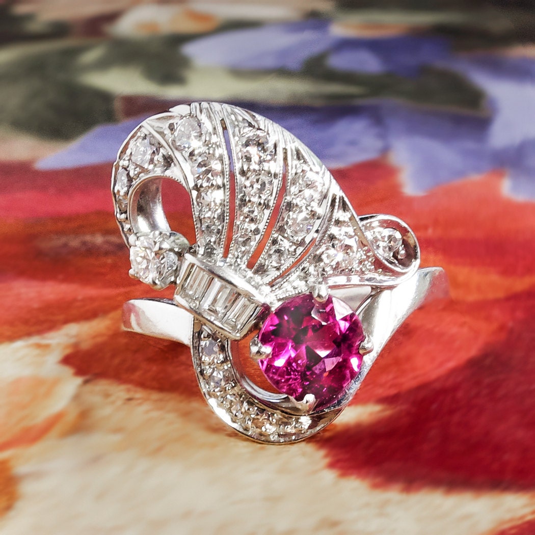 Vintage Pink Tourmaline Ring Circa 1940's Diamond Cocktail