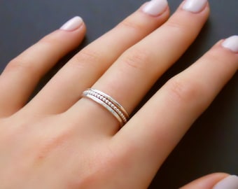 Sterling Silver Ring Set, Set Of 3 Silver Rings, Hammered Ring, Round Ring, Beaded Ring, Stacking Silver Ring Set, Sterling Silver Rings