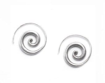 Handmade Sterling Silver Spiral Earrings, Simple Rustic Tribal Thick Spiral Hoop fake Gauges Earrings, Chunky Swirl Spiraling Coil earrings