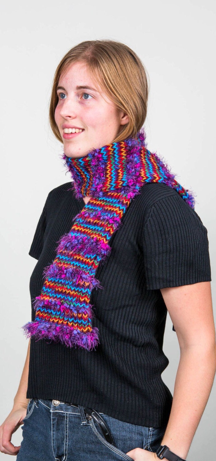 Knitted Tube Scarf, Thick Striped Pattern with Purple Fun Fur by