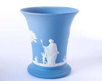 Wedgwood Jasperware Vase 1960's White Bas-Relief Wedgwood Classic Sacrifice Cameos on Matte Blue Jasperware Flared Posy Vase / Wedgwood Vase