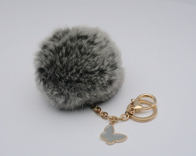 Butterfly Collection Natural Gray fur pom pom keychain REX Rabbit fur pom pom ball with butterfly charm