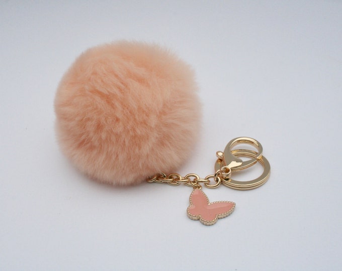 Butterfly Collection Peach fur pom pom keychain REX Rabbit fur pom pom ball with butterfly charm