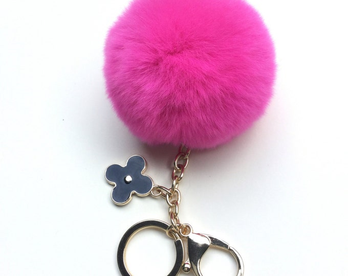 Instagram / Blogger Recommended Fuchsia Pink fur pom pom keychain REX Rabbit fur pom pom ball with flower bag charm