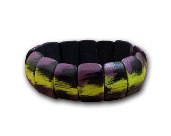 ON SALE ! Elastic Wood bangle, Black , lemon and violet wood bangle / Bracelet elastique en bois, bracelet Noir, lime et violet