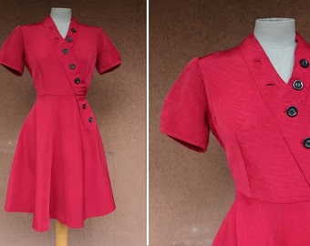 1940's Red Dress Bakelite Buttons - 40's Buttoned Up Dress - Size S