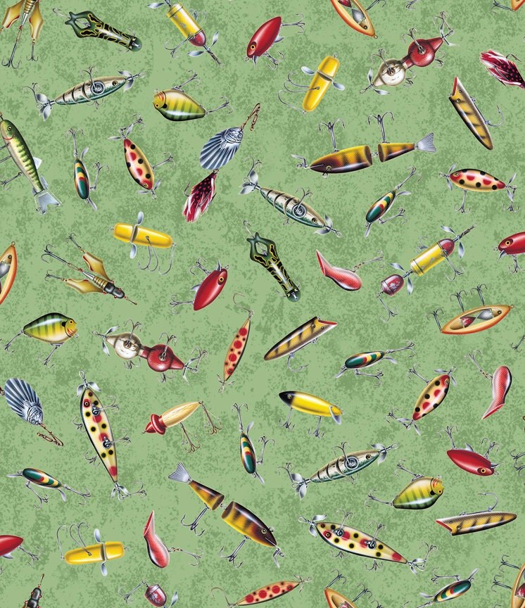 Reel It In Fabric Green Fishing Lures Outdoors Cotton