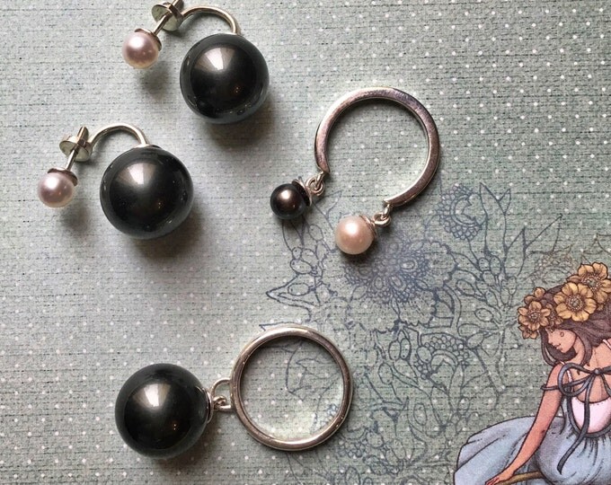 Mobil ring - black pearl ring - silver pearl ring - interesting ring