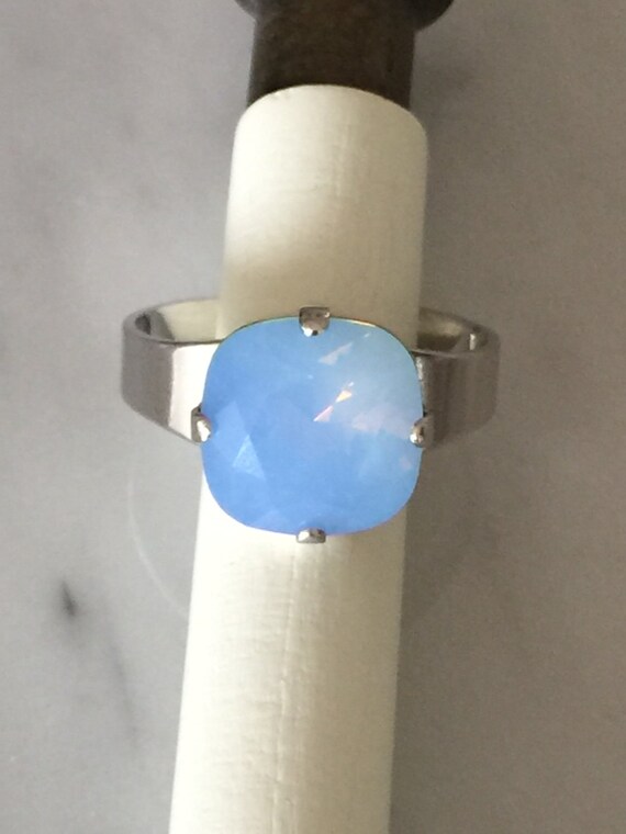 Swarovski Cushion Cut Air Blue Opal Crystal Adjustable Ring