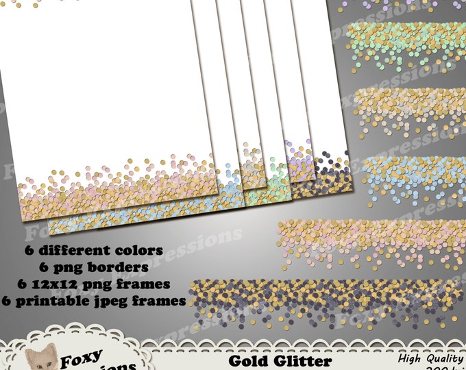 Gold Glitter Border and Frame digital pack comes png borders and frames for digital projects and jpeg frames for printing. Gold & 6 colors