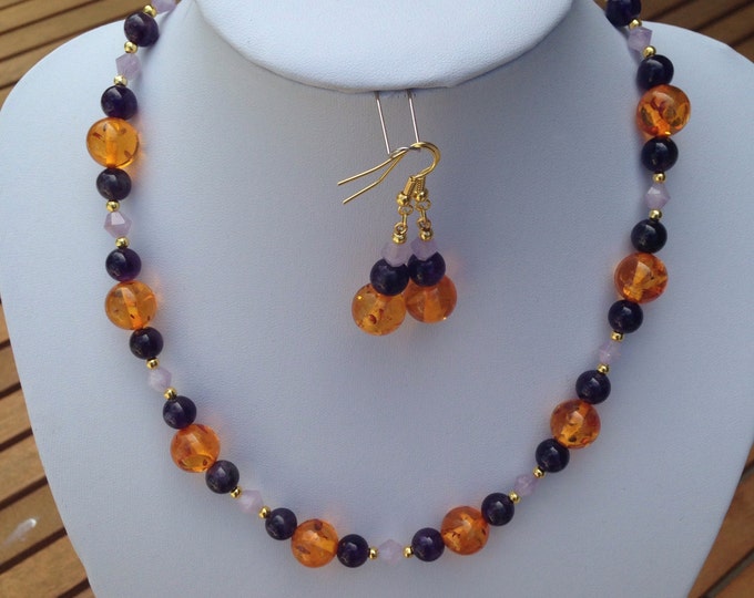 Amber amethyst agate jewellery set, amber jewelry, amethyst jewelry, agate jewellery, amber necklace, amber earrings