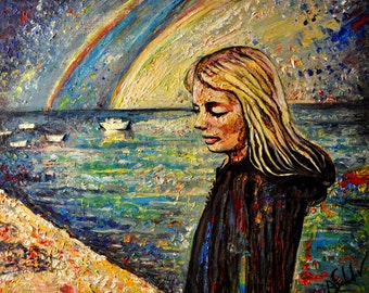 Atlantic Ocean painting, Acrylic landscape, Portugal art, Double Rainbow Above Guaidiana River, ORIGINAL, painting, Alex Solodov