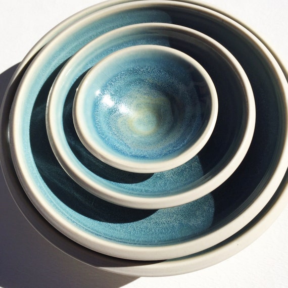 Light Blue Porcelain Serving Bowls Matching by TinaFossellaPottery