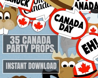 35 Canada Party props, canadian theme party printables, decor for canada day party, canuck photo booth, mountie props, beaver, moose, pdf