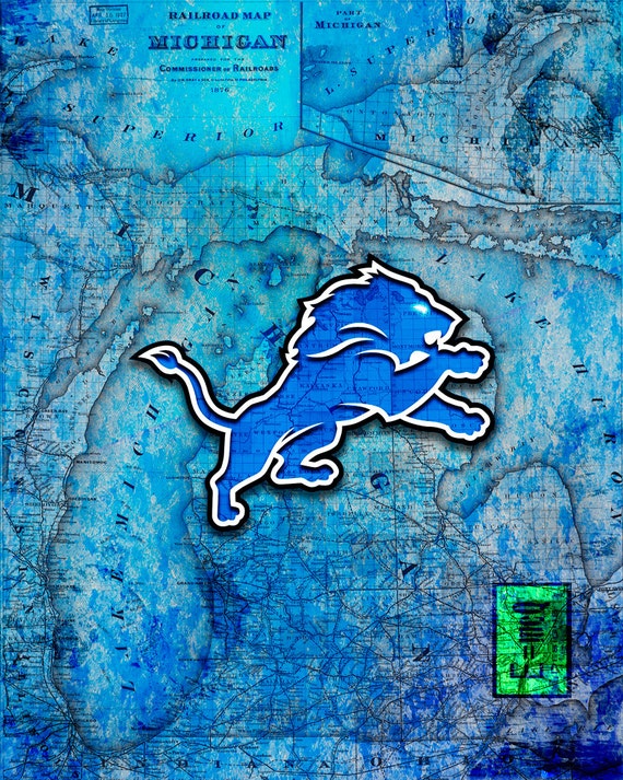 Detroit Lions Art Detroit Lions Poster Michigan Map by McQDesign