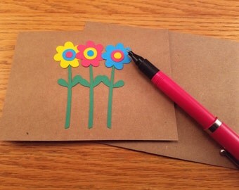 Button Flowers Notecard, Yellow, Pink, Blue, Bright Colors, Kraft Paper, Handmade