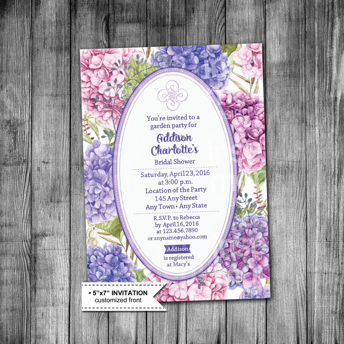 Garden Party Bridal Shower Invitation Hydrangea Flowers