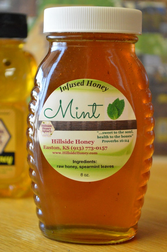 Mint Infused Raw Honey with organic spearmint leaves 8 oz.
