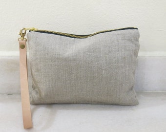 Wristlet, Simple Clutch Bag, Linen Clutch, Natural Linen and Leather Bag for Women, Simple Purse, Handbag, Summer Clutch - SALE