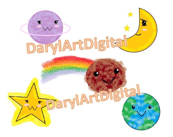 Kawaii cosmic outer space clipart, chibi planets, stars, instant download clip art