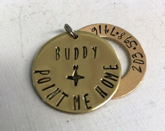 Dog Tag - Dog Name Tag - Brass Pet ID Tag - Pet ID Tag - Hand Stamped Brass Dog Tag - Big Dog Tag - Point Me Home Dog Tag
