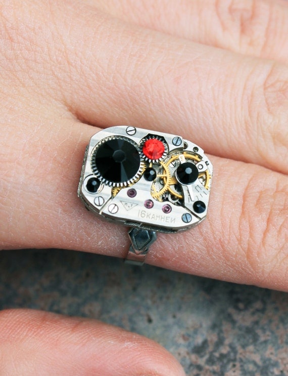 Steampunk ring, watch ring, swarovski ring, black ring, silver ring by DreamCloudJewelry steampunk buy now online