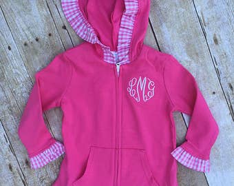 Girls Jacket, Monogrammed Girls Hooded Zip Jacket, Toddler Gingham Ruffle Jacket, Cotton Jacket, Sweatshirt Jacket
