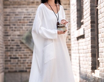 Womens Loose Fitting Cotton And Linen Dress, Womens Long Dresses, Loose Robe, Vintage Dresses, Beach Dresses, White Dresses, Bust>160CM