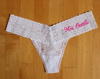 Bridal Lingerie, MRS Bride Thongs, Monogram Bridal panties, Personalize panty, wedding thongs, Custom Last Name, White lace thongs, AE-FL