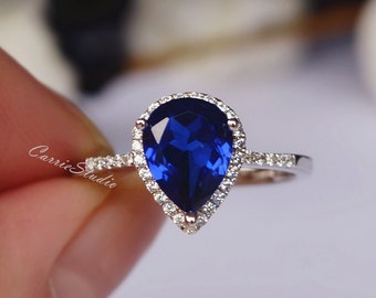 Pear Sapphire Ring Lab Sapphire Engagement Ring/ Wedding Ring 925 Sterling Silver Ring Anniversary Ring Promise Ring Silver Gemstone Ring
