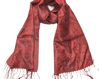 Salmon-Blue-Orange-Pashmina Collection-Premium Quality 100% Silk-Shawl-Pashmina-Scarf-Taditional-Paisley-Wrap-Soft-Warm-GIFT-India-Reversibl