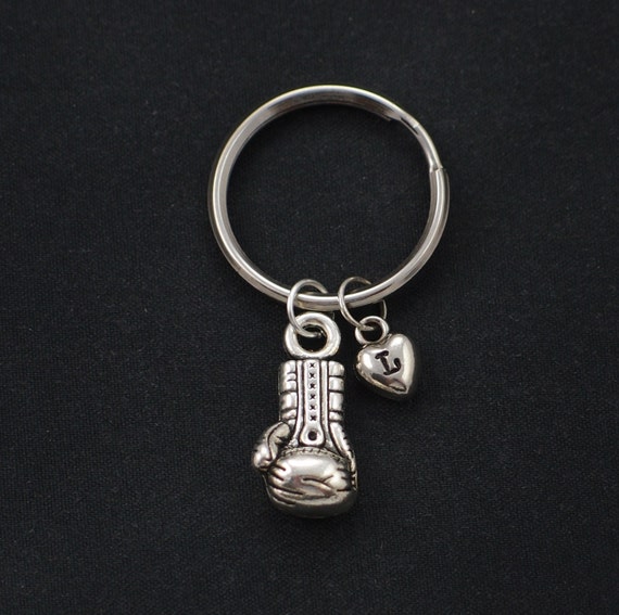 boxing glove keychain initial keychain silver team sport